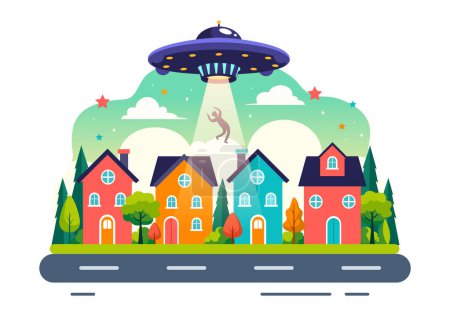 UFO Flying Spaceship Vector Illustration with Rays of Light in Sky Night City View, Abducts Human and Alien in Flat Kids Cartoon Background Design
