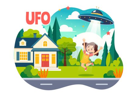 UFO Flying Spaceship Vector Illustration with Rays of Light in Sky Night City View, Abducts Human and Alien in Flat Kids Cartoon Background Design