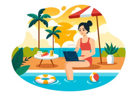 Téléchargez les illustrations : Travailleurs indépendants se détendre au bord de la piscine Illustration vectorielle avec des cocktails à boire et en utilisant des ordinateurs portables dans un fond de style dessin animé plat - en licence libre de droit