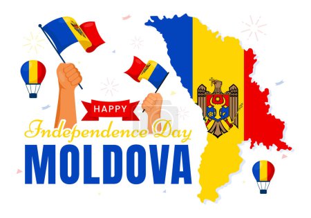 Ilustración vectorial del Día de la Independencia de Moldavia para el 27 de agosto con una bandera ondeante en un fondo de estilo de dibujos animados plano de vacaciones nacional