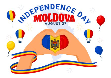 Ilustración vectorial del Día de la Independencia de Moldavia para el 27 de agosto con una bandera ondeante en un fondo de estilo de dibujos animados plano de vacaciones nacional