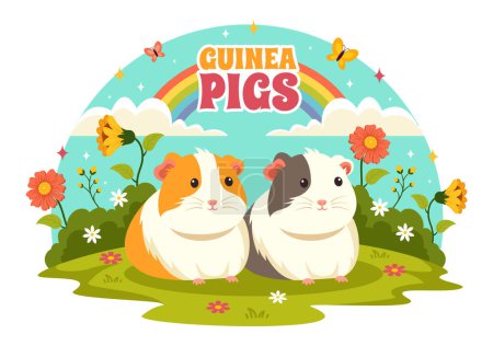 Illustration vectorielle de cochon de Guinée mettant en vedette diverses races de hamsters dans les champs verts dans un dessin animé mignon plat pour enfants Design d'arrière-plan