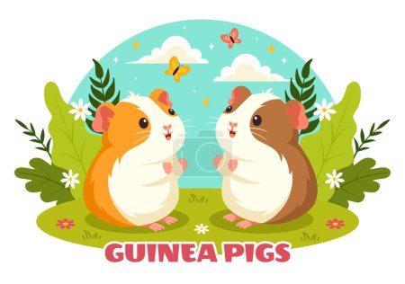 Téléchargez les illustrations : Guinea Pig Vector Illustration Featuring Various Hamster Breeds in Green Fields in a Flat Cute kids Cartoon Style Background Design - en licence libre de droit