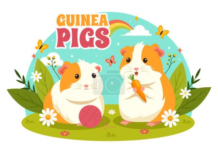 Meerschweinchen Vektor Illustration mit verschiedenen Hamsterrassen in grünen Feldern in einem flachen niedlichen Kinder Cartoon-Stil Hintergrunddesign