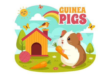 Illustration vectorielle de cochon de Guinée mettant en vedette diverses races de hamsters dans les champs verts dans un dessin animé mignon plat pour enfants Design d'arrière-plan