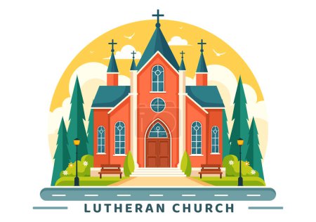 Lutherische Kirche Vektor Illustration mit einer Kathedrale Tempelbau und christliche religiöse Architektur in einem flachen Cartoon-Stil Hintergrund