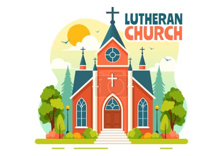Lutherische Kirche Vektor Illustration mit einer Kathedrale Tempelbau und christliche religiöse Architektur in einem flachen Cartoon-Stil Hintergrund
