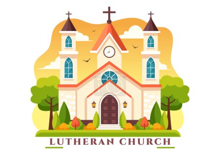 Ilustración vectorial de la iglesia luterana con un edificio del templo de la catedral y una arquitectura religiosa cristiana en un fondo plano del estilo de la historieta