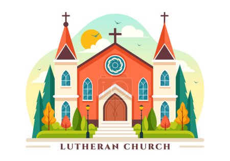 Lutheran Church Vector Illustration featuring a Cathedral Temple Building and Christian Religious Architecture in a Flat Cartoon Style Background