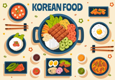 Koreanische Food Vector Illustration mit einem Menü verschiedener traditioneller und köstlicher Nationalgerichte im flachen Cartoon-Stil