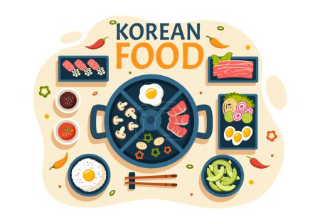 Koreanische Food Vector Illustration mit einem Menü verschiedener traditioneller und köstlicher Nationalgerichte im flachen Cartoon-Stil