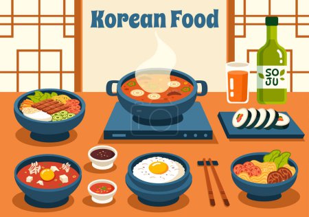 Ilustración vectorial de comida coreana con un menú de varios platos nacionales tradicionales y deliciosos en un fondo plano de estilo de dibujos animados