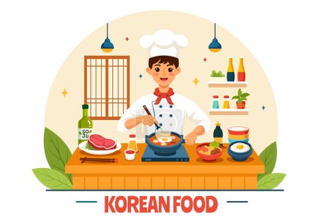 Illustration vectorielle de la nourriture coréenne mettant en vedette un menu défini de divers plats nationaux traditionnels et délicieux dans un fond plat de style bande dessinée