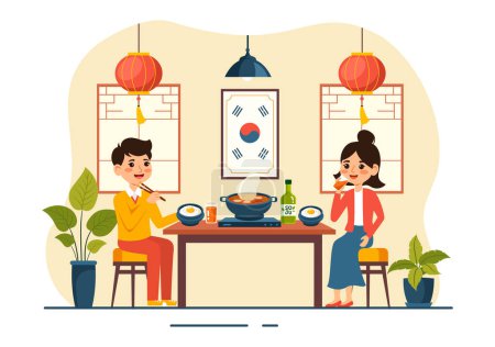 Korean Food Vector Illustration featuring a Set Menu of Various Traditional and Delicious National Dishes in a Flat Cartoon Style Background