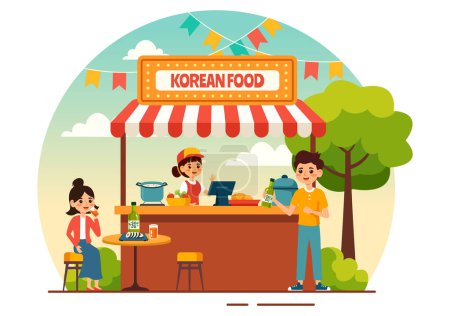 Ilustración vectorial de comida coreana con un menú de varios platos nacionales tradicionales y deliciosos en un fondo plano de estilo de dibujos animados