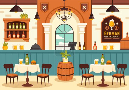 Restaurante de comida alemana Vector Ilustración con una colección de deliciosa cocina tradicional y bebidas sobre un fondo de dibujos animados de estilo plano