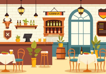 Illustration vectorielle du restaurant gastronomique allemand mettant en vedette une collection de délicieuse cuisine traditionnelle et de boissons sur fond de bande dessinée de style plat