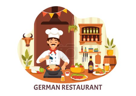Restaurante de comida alemana Vector Ilustración con una colección de deliciosa cocina tradicional y bebidas sobre un fondo de dibujos animados de estilo plano