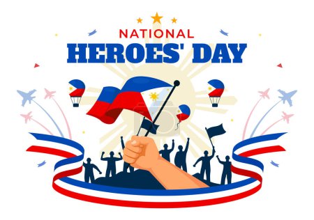 Illustration vectorielle de la journée des héros des Philippines le 29 août avec le drapeau et le ruban agitant lors d'une célébration de la fête nationale, fond de style dessin animé plat