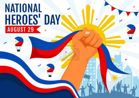Vektor-Illustration zum Heldentag der Philippinen am 29. August mit wehender Fahne und Schleife zum Nationalfeiertag, flacher Cartoon-Hintergrund