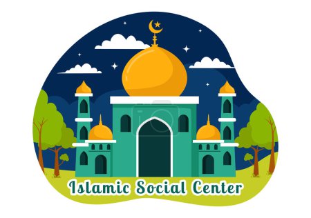 Illustration for Islamic Social Center Vector Illustration Featuring Mosques, Educational Institutions for Islamic Studies and Development in flat Cartoon Background - Royalty Free Image