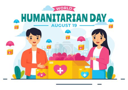 World Humanitarian Day Vector Illustration featuring a Global Celebration of Helping People, Charity, Donations, and Volunteering on a Flat Background