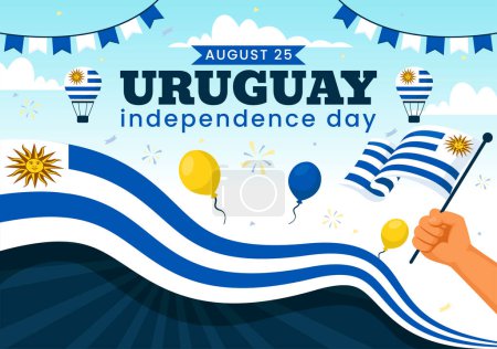 Happy Uruguay Independence Day Vector Illustration am 25. August mit wehender Fahne und Schleife im flachen Cartoon-Hintergrund zum Nationalfeiertag