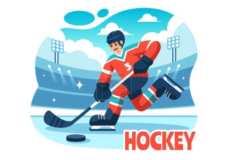 Ice Hockey Player Sport Vector Illustration featuring a Helmet, Stick, Puck, and Skates on an Ice Surface for Game or Championship in a Flat Cartoon