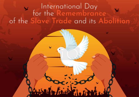 Ilustración vectorial para el Día Internacional de la Memoria de la Trata de Esclavos y su Abolición, con una Esposada y una Paloma en el Fondo
