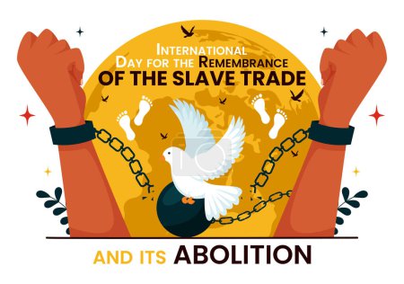 Vektorillustration zum Internationalen Tag der Erinnerung an den Sklavenhandel und seine Abschaffung, mit Handschellen und Taube im Hintergrund
