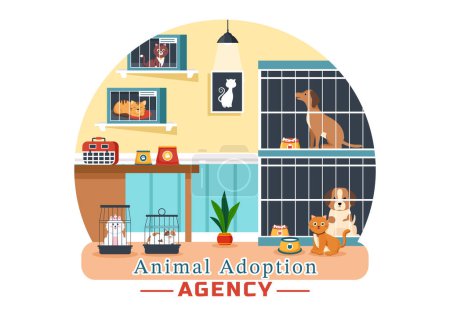 Vektor-Illustration einer Tieradoptionsagentur mit einem Tier aus einem Tierheim mit Katzen und Hunden im flachen Cartoon-Hintergrund