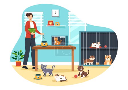 Vektor-Illustration einer Tieradoptionsagentur mit einem Tier aus einem Tierheim mit Katzen und Hunden im flachen Cartoon-Hintergrund