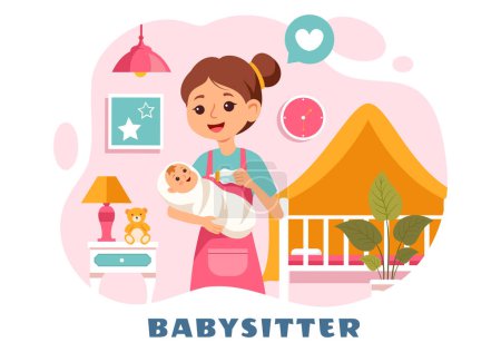 Babysitter or Nanny Services Vector Illustration for Caring for Babies, Providing for Their Needs and Playing with Baby in a Flat Cartoon Background