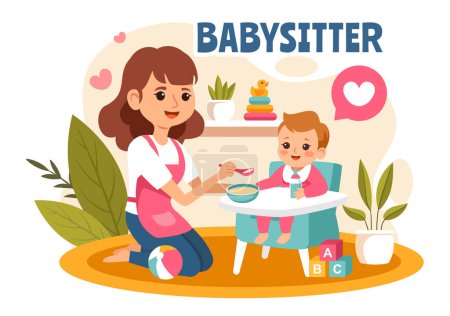 Babysitter oder Kindermädchen Vektor-Illustration für die Betreuung von Babys, die Versorgung ihrer Bedürfnisse und das Spielen mit Baby in einem flachen Cartoon-Hintergrund
