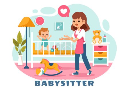 Babysitter oder Kindermädchen Vektor-Illustration für die Betreuung von Babys, die Versorgung ihrer Bedürfnisse und das Spielen mit Baby in einem flachen Cartoon-Hintergrund