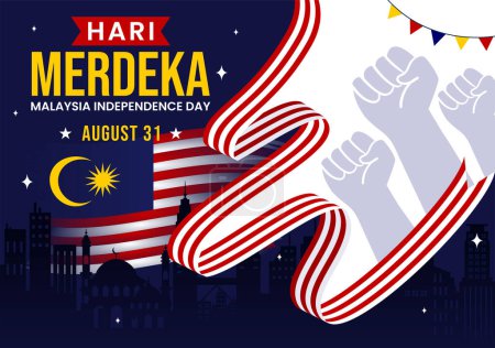 Happy Malaysia Independence Day Vector Illustration am 31. August mit wehender Flagge und Schleife in einem flachen Cartoon-Hintergrund zum Nationalfeiertag