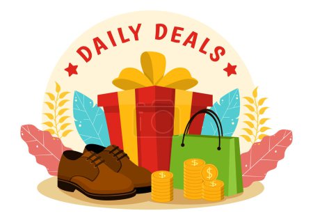 Daily Deals Vector Illustration featuring Shopping Goods and Hunting for Discounts set against a Flat Cartoon Style Background