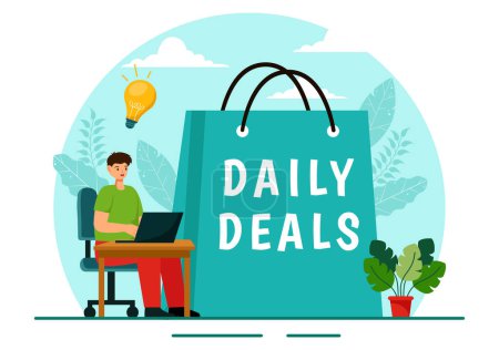 Daily Deals Vector Illustration featuring Shopping Goods and Hunting for Discounts set against a Flat Cartoon Style Background