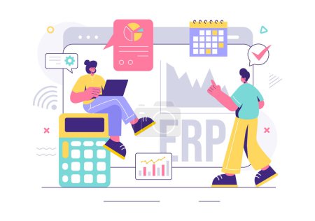 Ilustración vectorial del sistema de planificación de recursos empresariales de ERP con integración empresarial, productividad y mejora de la empresa sobre un fondo plano