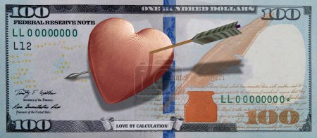 Téléchargez les photos : Un billet de cent dollars avec un motif cardiaque et une balle d'un arc. Un symbole d'amour et d'argent. - en image libre de droit