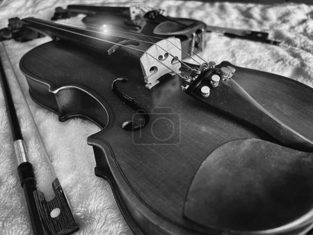 Geige aus Holz, zeigt Details auf der Vorderseite des akustischen Instrumentes. Linsenschlageffekt, schwarzer und weißer Ton