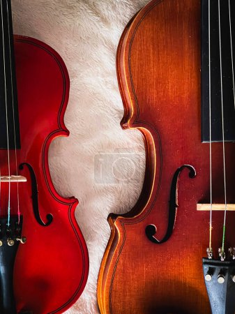 Zwei unterschiedlich große Geigen auf weichem Baumwolltuch, zeigen Hakf-Vorderseite und Details des akustischen Instruments.
