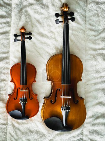 Zwei unterschiedlich große Geigen auf weichem Baumwolltuch, zeigen Details des akustischen Instruments.