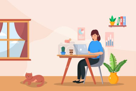 Illustration for Young worker doing job at living room with small pet in cartoon character,new normal lifestyle - Royalty Free Image