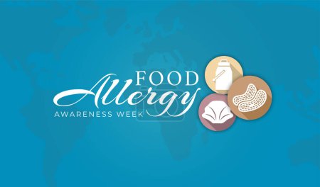 Téléchargez les illustrations : Semaine de sensibilisation aux allergies alimentaires Illustration Thème avec icônes au lait, aux arachides et aux mollusques - en licence libre de droit