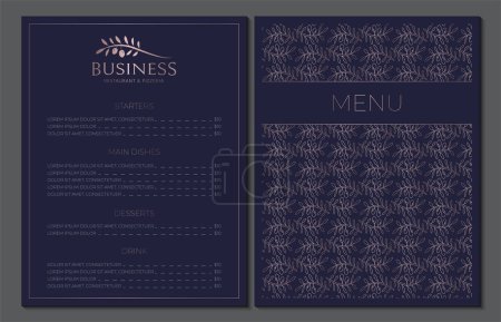 Illustration for Elegant Menu Design for Italian Mediterranean Restaurant in Navy Blue and Rose Gold Color and Olive Logo - Royalty Free Image