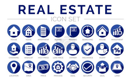 Illustration for Blue Flat Real Estate Round Icon Set of Home, House, Apartment, Buying, Renting, Searching, Investment, Choosing, Wishlist, Low High Price, Owner, Insurance, Agent, Loan, Location, Area, Price, Process, Deal, Land, Security, Icons. - Royalty Free Image