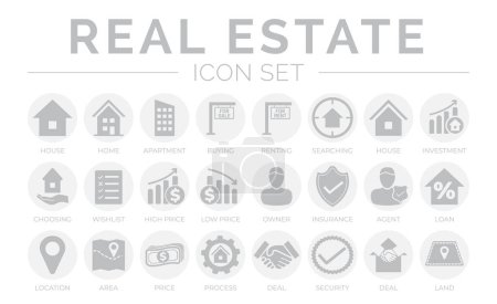 Illustration for Gray Real Estate Round Icon Set of Home, House, Apartment, Buying, Renting, Searching, Investment, Choosing, Wishlist, Low High Price, Owner, Insurance, Agent, Loan, Location, Area, Price, Process, Deal, Land, Security, Icons. - Royalty Free Image