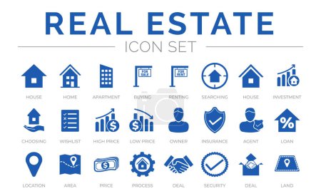 Illustration for Real Estate Icon Set of Home, House, Apartment, Buying, Renting, Searching, Investment, Choosing, Wishlist, Low High Price, Owner, Insurance, Agent, Loan, Location, Area, Price, Process, Deal, Land, Security, Icons. - Royalty Free Image