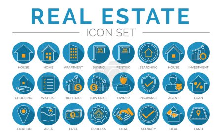 Illustration for Blue Outline Real Estate Round Icon Set of Home, House, Apartment, Buying, Renting, Searching, Investment, Choosing, Wishlist, Low High Price, Owner, Insurance, Agent, Loan, Location, Area, Price, Process, Deal, Land, Security, Icons. - Royalty Free Image